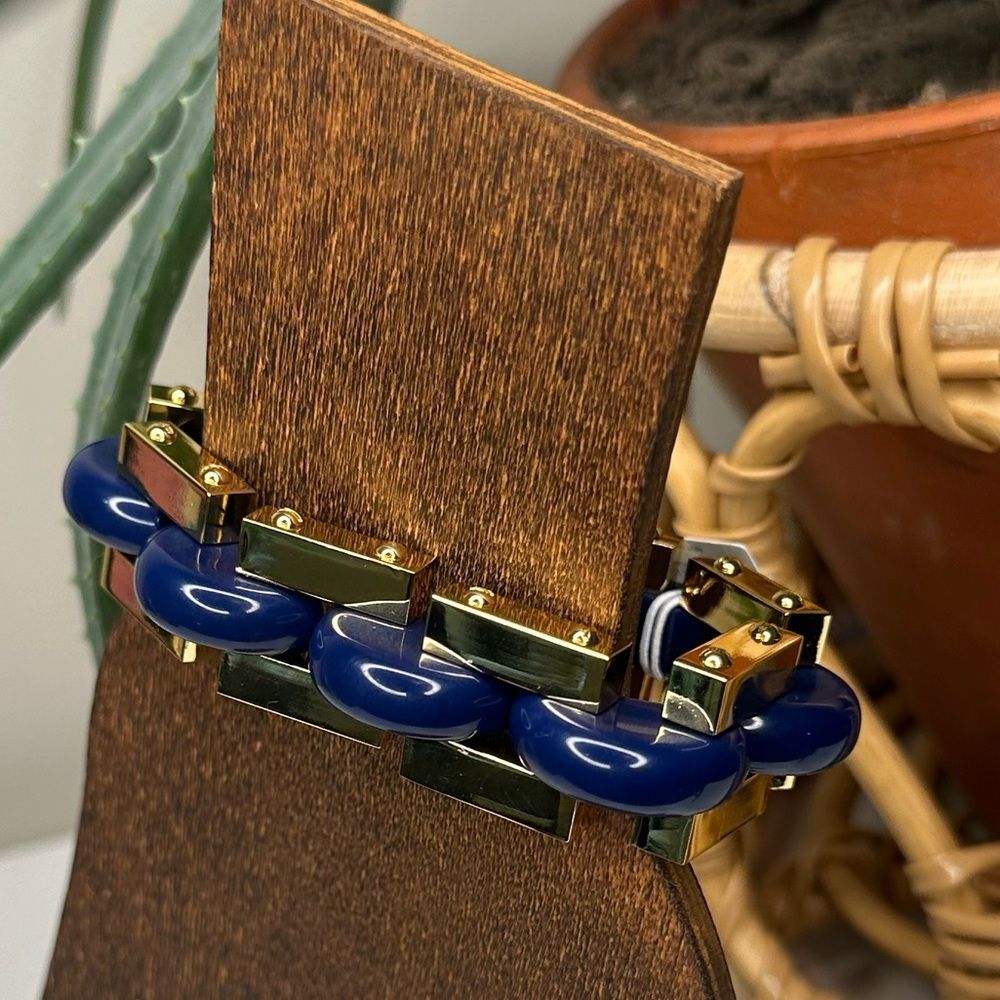 Tory Burch Logo Link Chunky Bangle Bracelet Blue Gold Enamel Chain NWT MSRP $299 - Picture 2 of 11